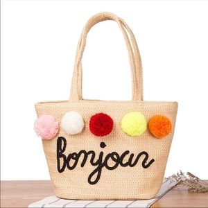 Bonjour Staw Summer Beach Tote Handmade Bag Pom